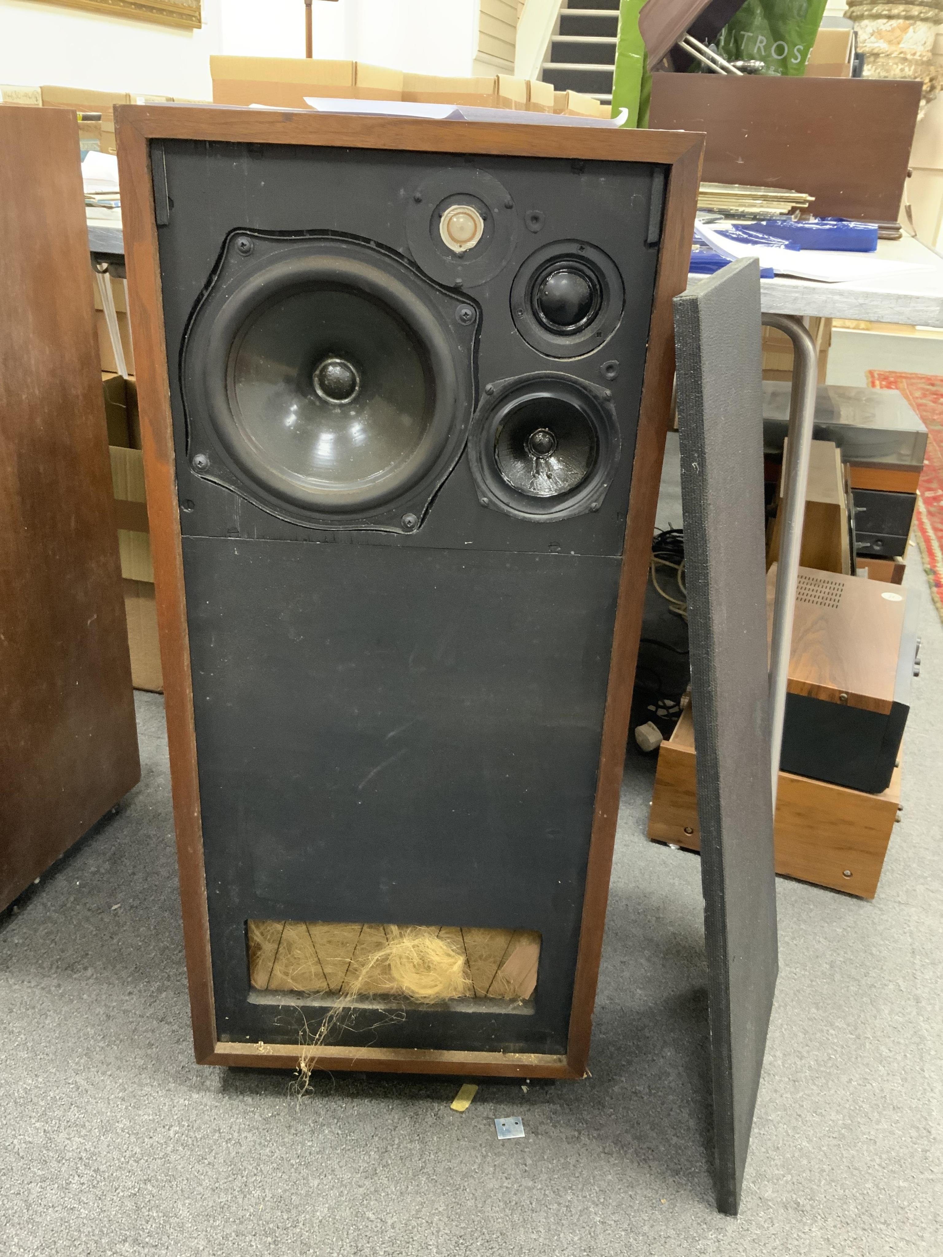 A pair of floorstanding IMF speakers, together with a Sony three-head reel to reel tape recorder, a National Panasonic compact television TR-565G, a Sony integrated stereo amplifier TA-1150, a turntable, a Pioneer tuner